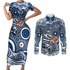Geelong Cats Couples Matching Short Sleeve Bodycon Dress and Long Sleeve Button Shirt Aboriginal Dot Pattern - Football Mascot Heritage Pride
