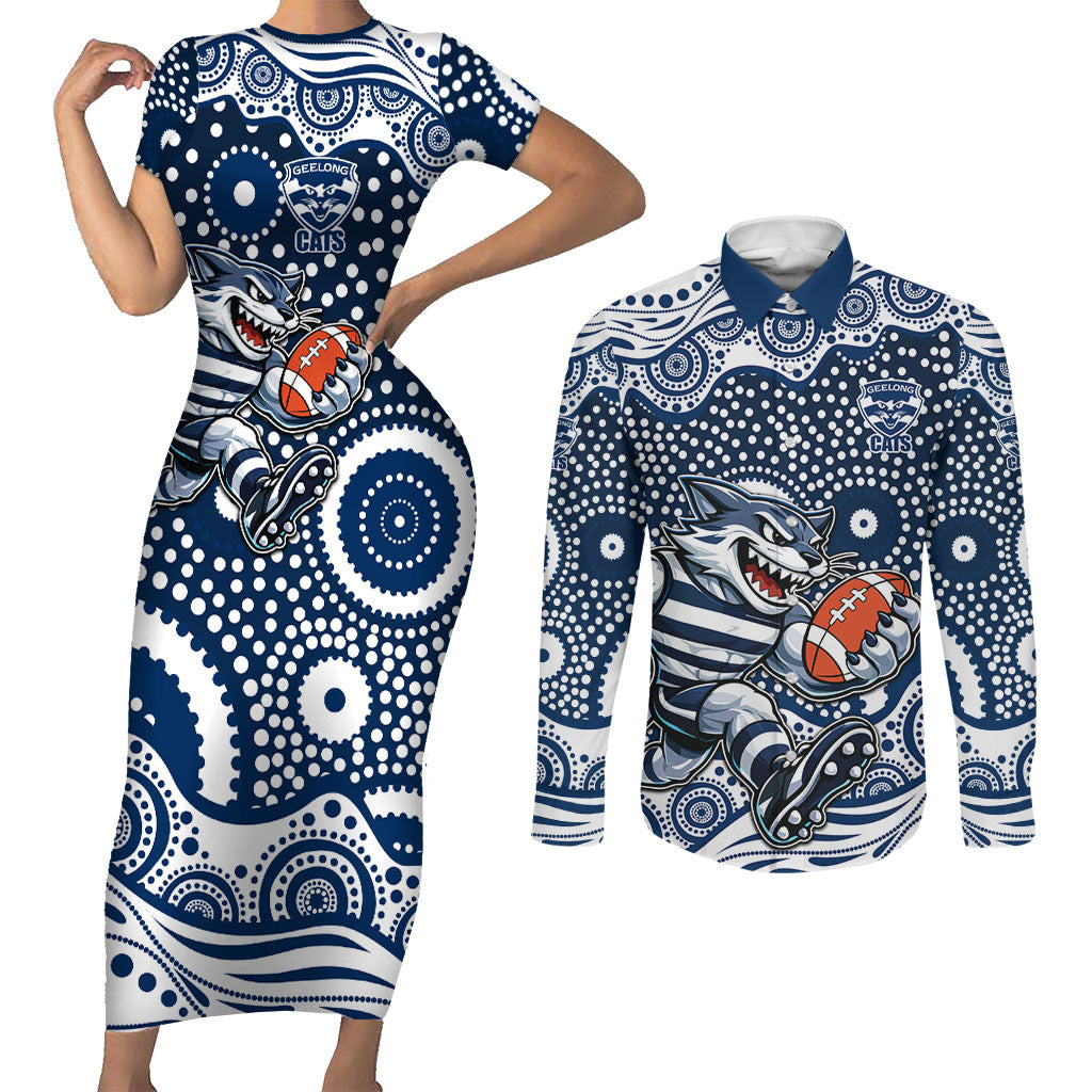 Geelong Cats Couples Matching Short Sleeve Bodycon Dress and Long Sleeve Button Shirt Aboriginal Dot Pattern - Football Mascot Heritage Pride