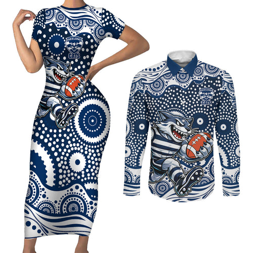 Geelong Cats Couples Matching Short Sleeve Bodycon Dress and Long Sleeve Button Shirt Aboriginal Dot Pattern - Football Mascot Heritage Pride