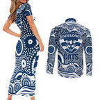 Geelong Cats Couples Matching Short Sleeve Bodycon Dress and Long Sleeve Button Shirt Aboriginal Dot Pattern - Football Mascot Heritage Pride