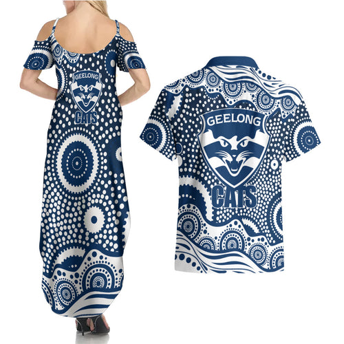 Geelong Cats Couples Matching Summer Maxi Dress and Hawaiian Shirt Aboriginal Dot Pattern - Football Mascot Heritage Pride
