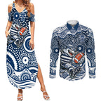 Geelong Cats Couples Matching Summer Maxi Dress and Long Sleeve Button Shirt Aboriginal Dot Pattern - Football Mascot Heritage Pride