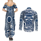 Geelong Cats Couples Matching Summer Maxi Dress and Long Sleeve Button Shirt Aboriginal Dot Pattern - Football Mascot Heritage Pride
