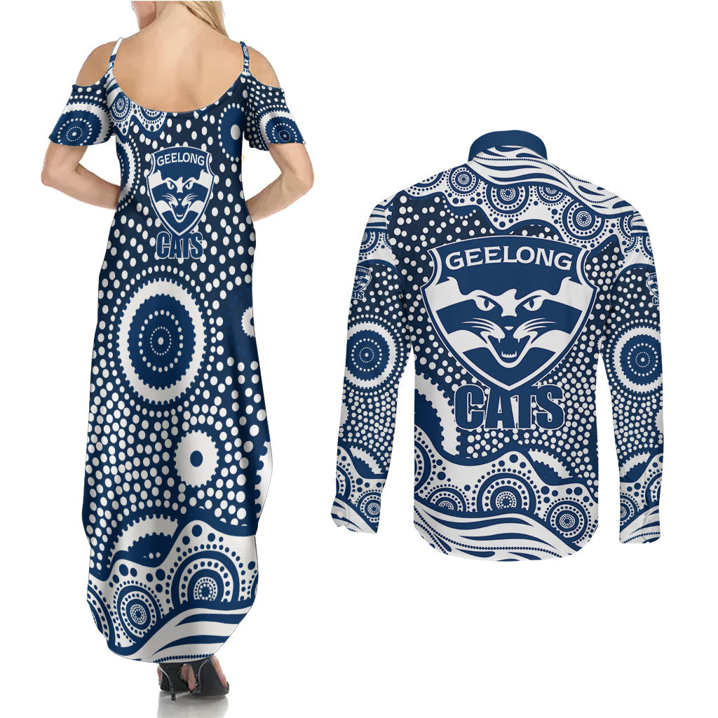 Geelong Cats Couples Matching Summer Maxi Dress and Long Sleeve Button Shirt Aboriginal Dot Pattern - Football Mascot Heritage Pride