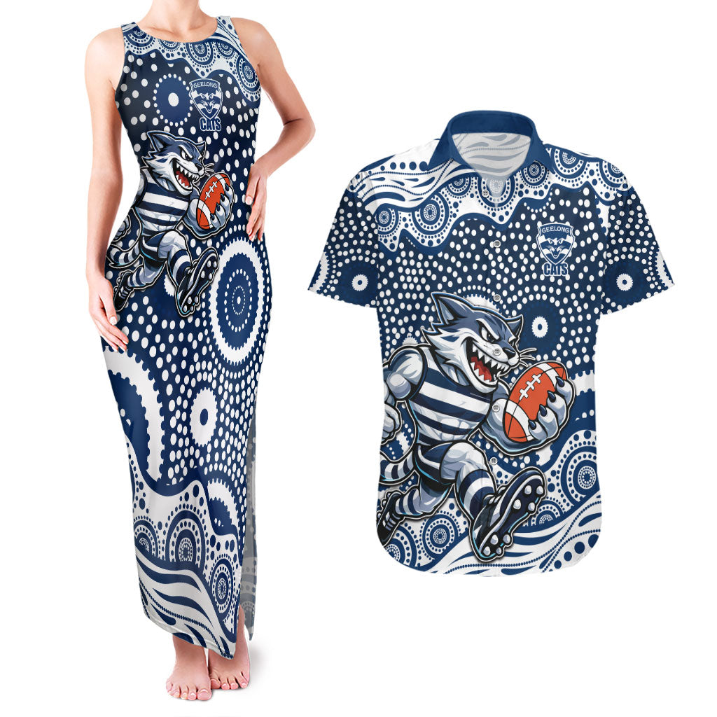 Geelong Cats Couples Matching Tank Maxi Dress and Hawaiian Shirt Aboriginal Dot Pattern - Football Mascot Heritage Pride
