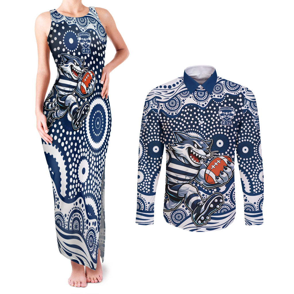 Geelong Cats Couples Matching Tank Maxi Dress and Long Sleeve Button Shirt Aboriginal Dot Pattern - Football Mascot Heritage Pride