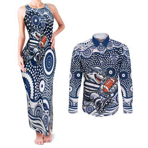 Geelong Cats Couples Matching Tank Maxi Dress and Long Sleeve Button Shirt Aboriginal Dot Pattern - Football Mascot Heritage Pride