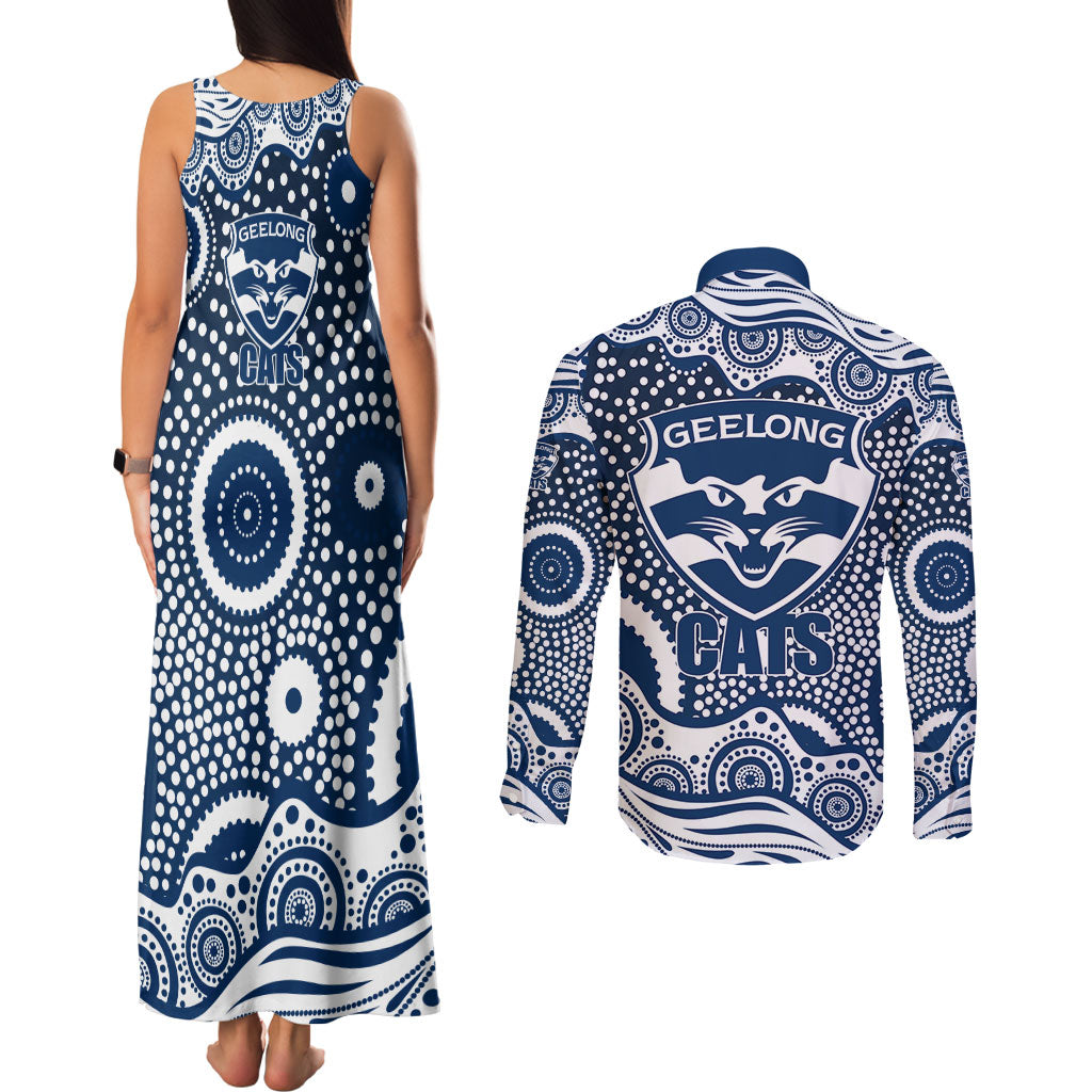 Geelong Cats Couples Matching Tank Maxi Dress and Long Sleeve Button Shirt Aboriginal Dot Pattern - Football Mascot Heritage Pride