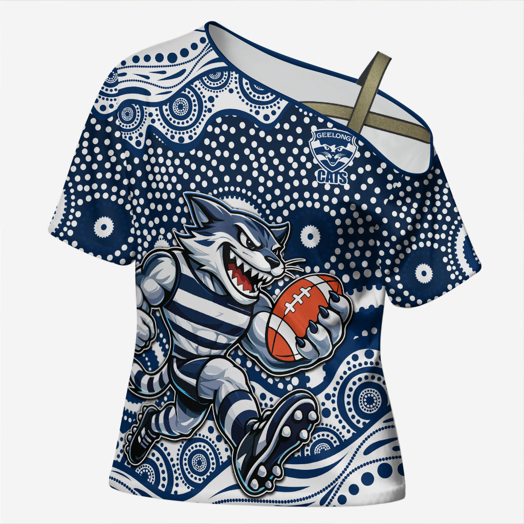 Geelong Cats Cross Shoulder Shirt Aboriginal Dot Pattern - Football Mascot Heritage Pride