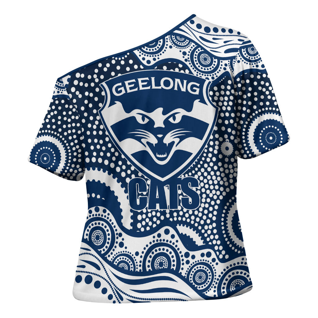 Geelong Cats Cross Shoulder Shirt Aboriginal Dot Pattern - Football Mascot Heritage Pride