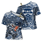 Geelong Cats Cross Shoulder Shirt Aboriginal Dot Pattern - Football Mascot Heritage Pride