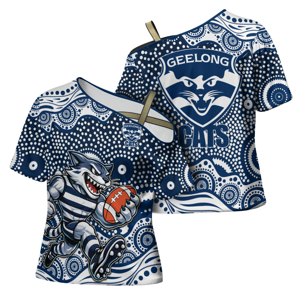 Geelong Cats Cross Shoulder Shirt Aboriginal Dot Pattern - Football Mascot Heritage Pride