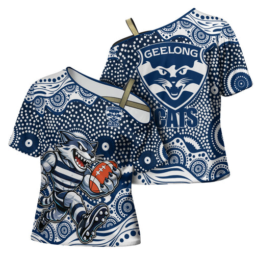 Geelong Cats Cross Shoulder Shirt Aboriginal Dot Pattern - Football Mascot Heritage Pride
