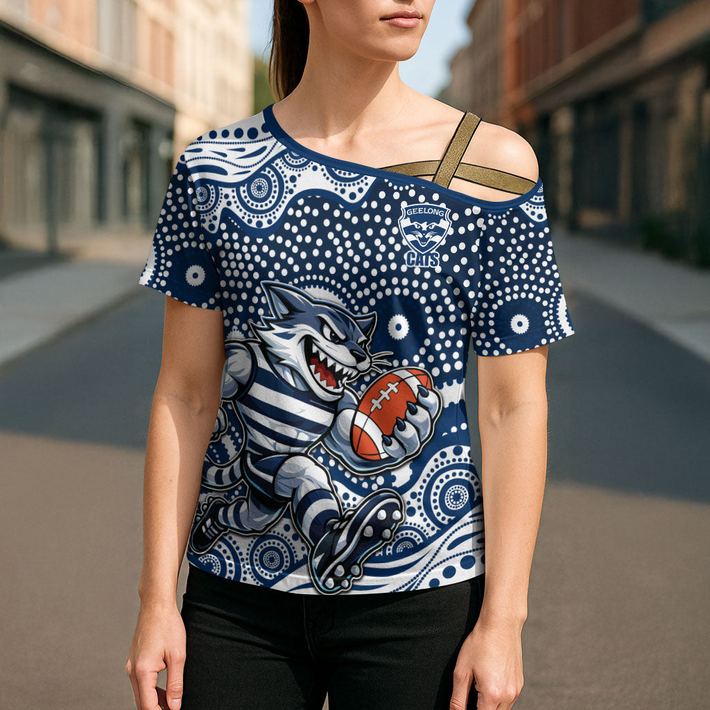 Geelong Cats Cross Shoulder Shirt Aboriginal Dot Pattern - Football Mascot Heritage Pride