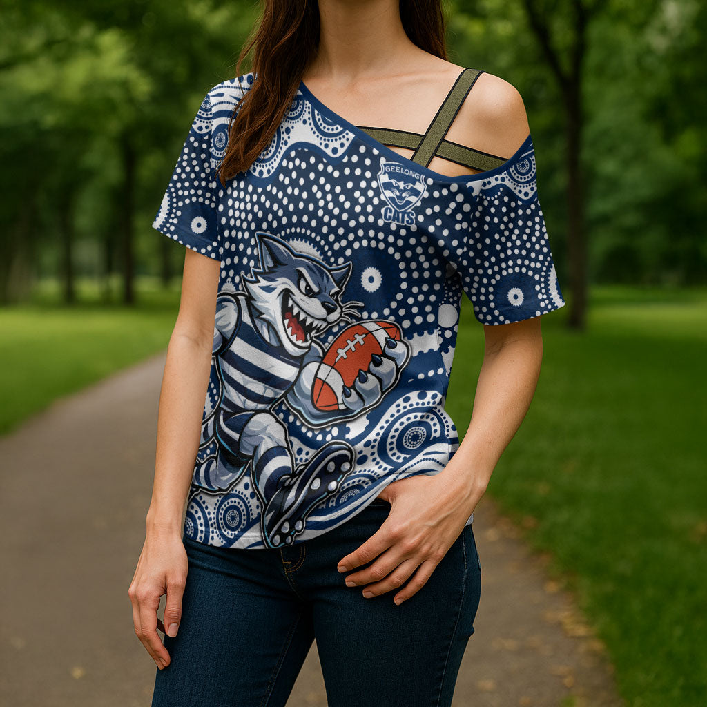 Geelong Cats Cross Shoulder Shirt Aboriginal Dot Pattern - Football Mascot Heritage Pride