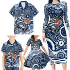 Geelong Cats Family Matching Long Sleeve Bodycon Dress and Hawaiian Shirt Aboriginal Dot Pattern - Football Mascot Heritage Pride