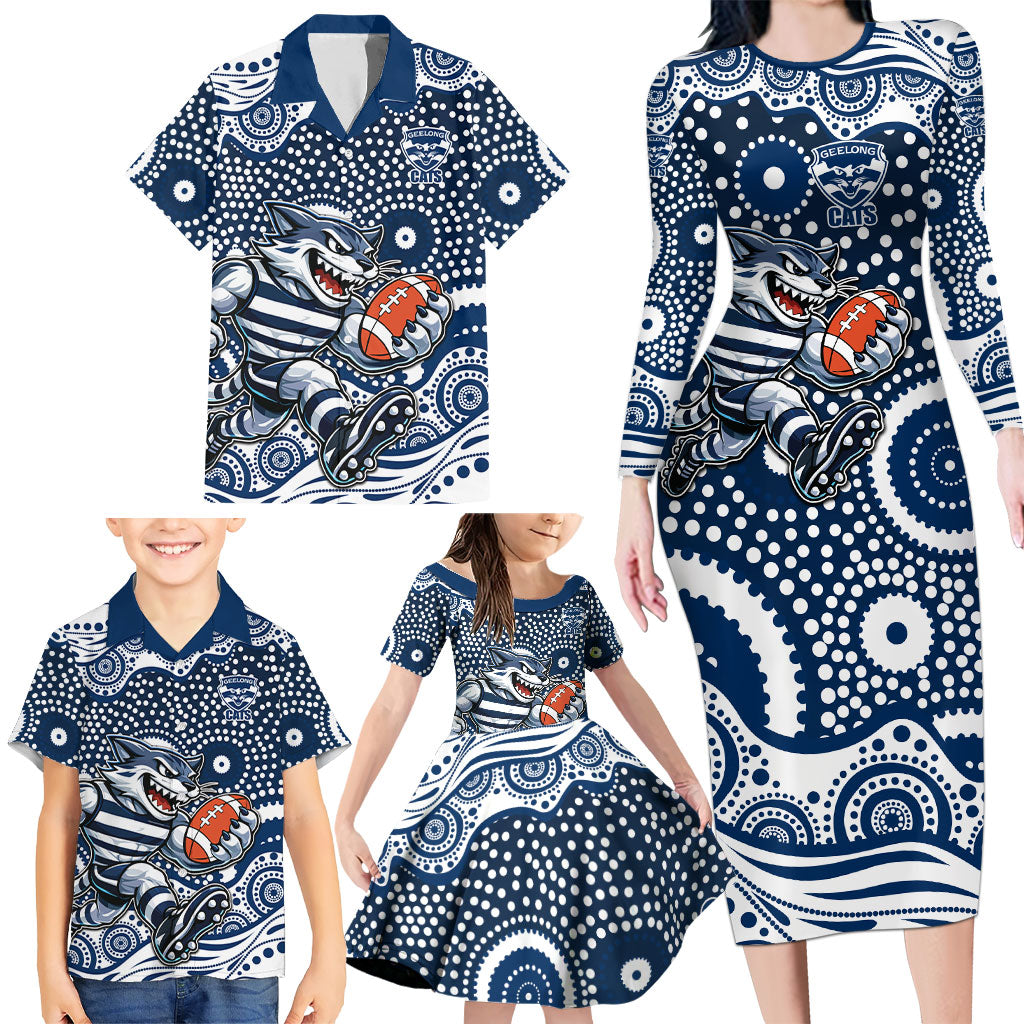 Geelong Cats Family Matching Long Sleeve Bodycon Dress and Hawaiian Shirt Aboriginal Dot Pattern - Football Mascot Heritage Pride