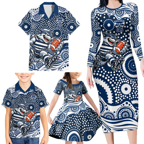 Geelong Cats Family Matching Long Sleeve Bodycon Dress and Hawaiian Shirt Aboriginal Dot Pattern - Football Mascot Heritage Pride