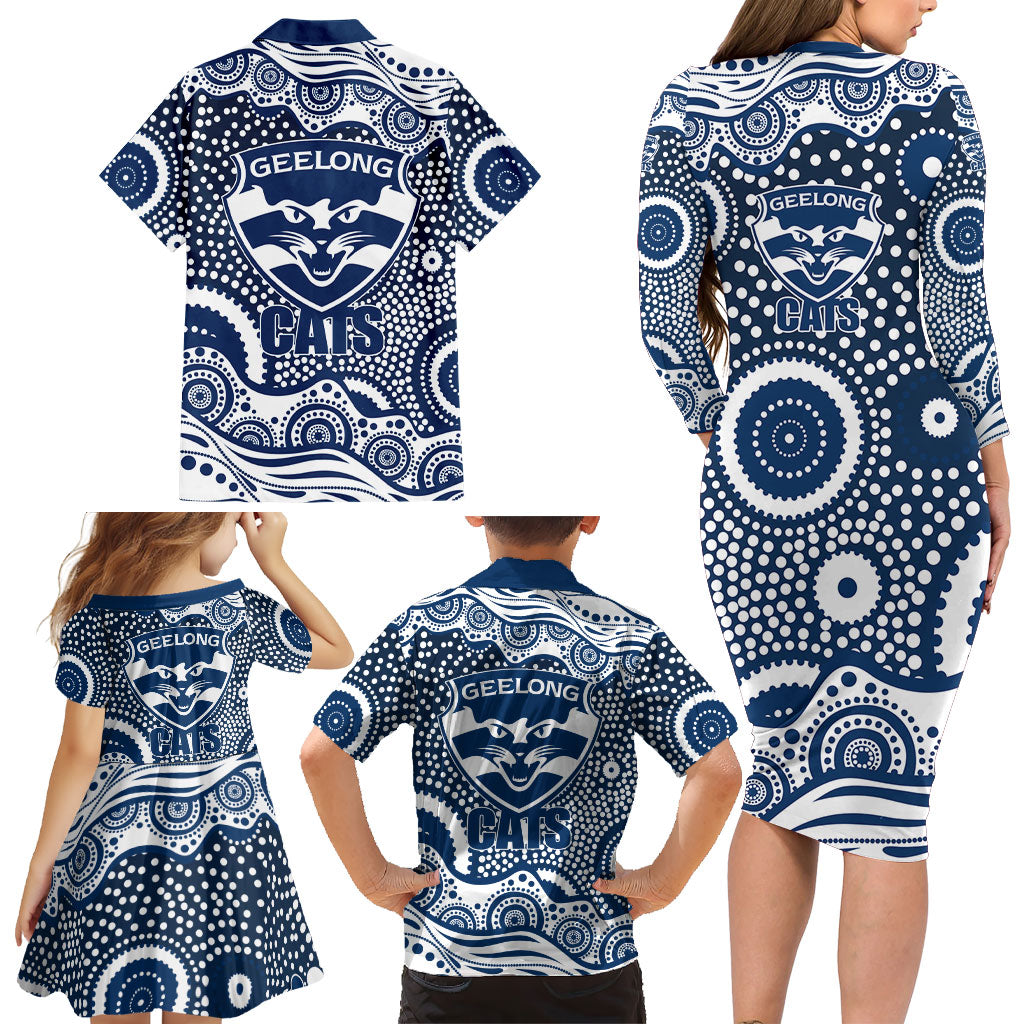 Geelong Cats Family Matching Long Sleeve Bodycon Dress and Hawaiian Shirt Aboriginal Dot Pattern - Football Mascot Heritage Pride