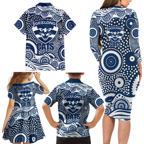 Geelong Cats Family Matching Long Sleeve Bodycon Dress and Hawaiian Shirt Aboriginal Dot Pattern - Football Mascot Heritage Pride
