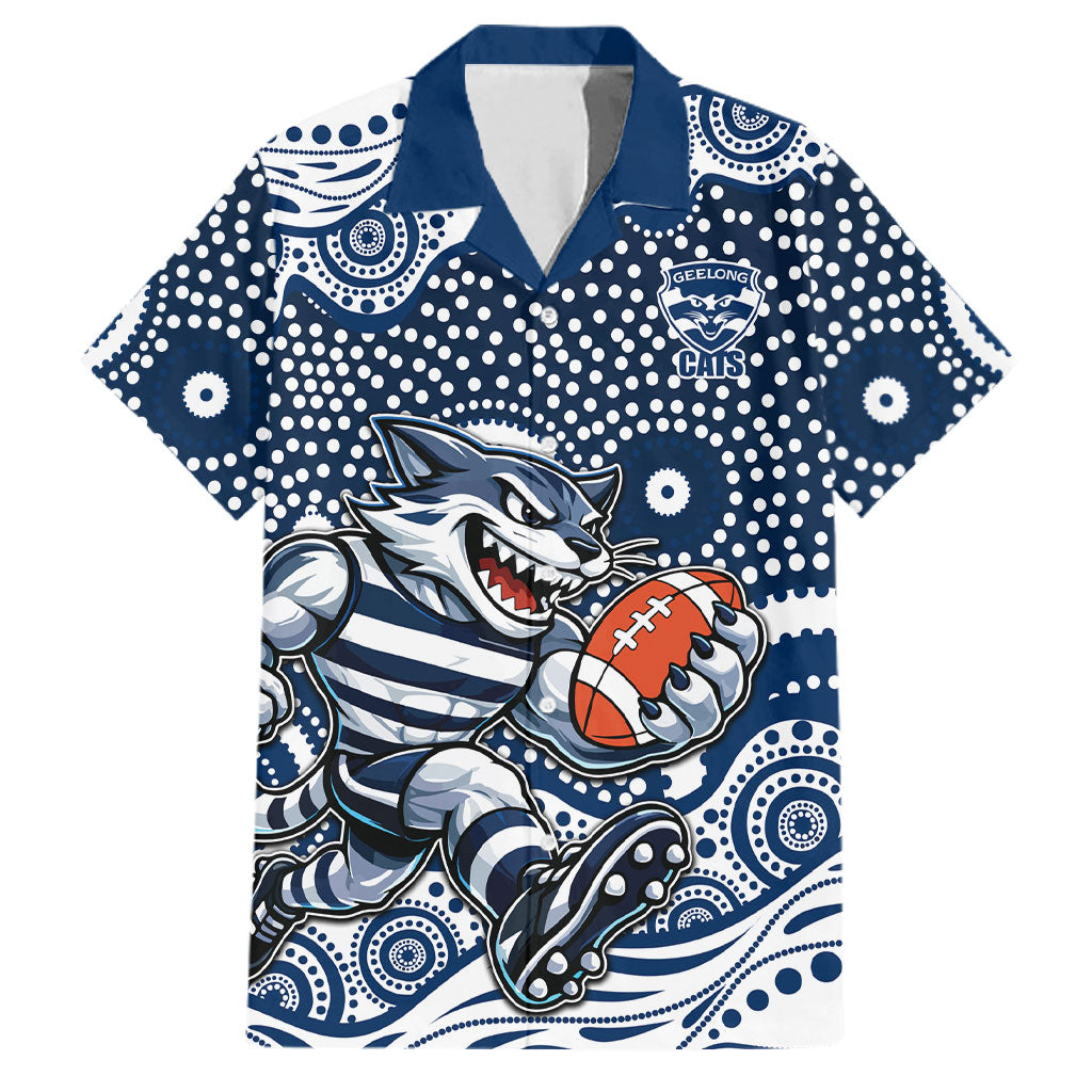 Geelong Cats Family Matching Long Sleeve Bodycon Dress and Hawaiian Shirt Aboriginal Dot Pattern - Football Mascot Heritage Pride