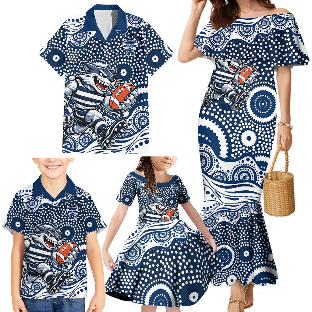 Geelong Cats Family Matching Mermaid Dress and Hawaiian Shirt Aboriginal Dot Pattern - Football Mascot Heritage Pride