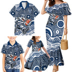 Geelong Cats Family Matching Mermaid Dress and Hawaiian Shirt Aboriginal Dot Pattern - Football Mascot Heritage Pride