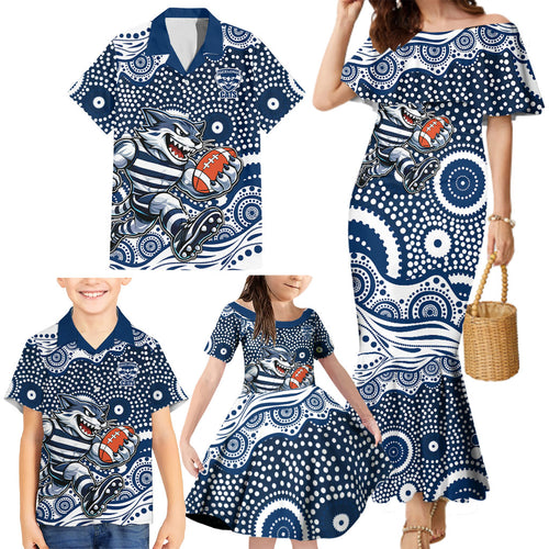 Geelong Cats Family Matching Mermaid Dress and Hawaiian Shirt Aboriginal Dot Pattern - Football Mascot Heritage Pride