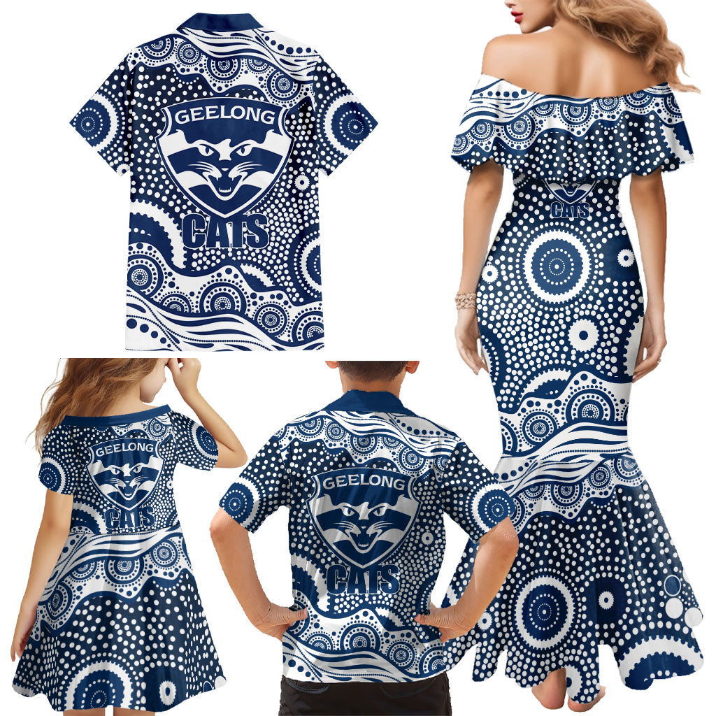 Geelong Cats Family Matching Mermaid Dress and Hawaiian Shirt Aboriginal Dot Pattern - Football Mascot Heritage Pride