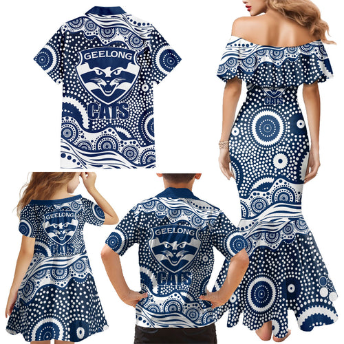 Geelong Cats Family Matching Mermaid Dress and Hawaiian Shirt Aboriginal Dot Pattern - Football Mascot Heritage Pride