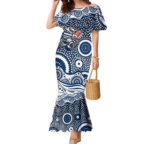 Geelong Cats Family Matching Mermaid Dress and Hawaiian Shirt Aboriginal Dot Pattern - Football Mascot Heritage Pride