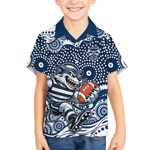 Geelong Cats Family Matching Mermaid Dress and Hawaiian Shirt Aboriginal Dot Pattern - Football Mascot Heritage Pride