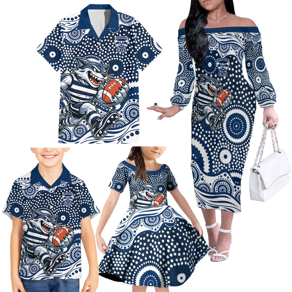 Geelong Cats Family Matching Off The Shoulder Long Sleeve Dress and Hawaiian Shirt Aboriginal Dot Pattern - Football Mascot Heritage Pride