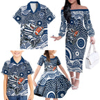 Geelong Cats Family Matching Off The Shoulder Long Sleeve Dress and Hawaiian Shirt Aboriginal Dot Pattern - Football Mascot Heritage Pride