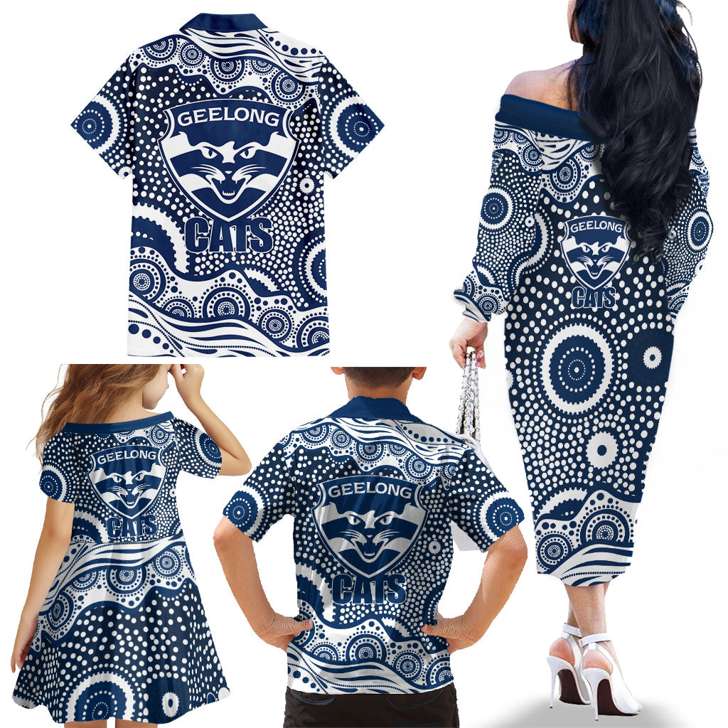 Geelong Cats Family Matching Off The Shoulder Long Sleeve Dress and Hawaiian Shirt Aboriginal Dot Pattern - Football Mascot Heritage Pride