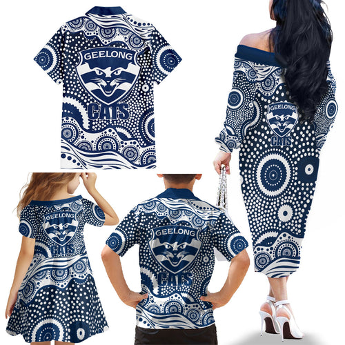Geelong Cats Family Matching Off The Shoulder Long Sleeve Dress and Hawaiian Shirt Aboriginal Dot Pattern - Football Mascot Heritage Pride