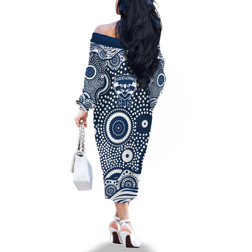 Geelong Cats Family Matching Off The Shoulder Long Sleeve Dress and Hawaiian Shirt Aboriginal Dot Pattern - Football Mascot Heritage Pride