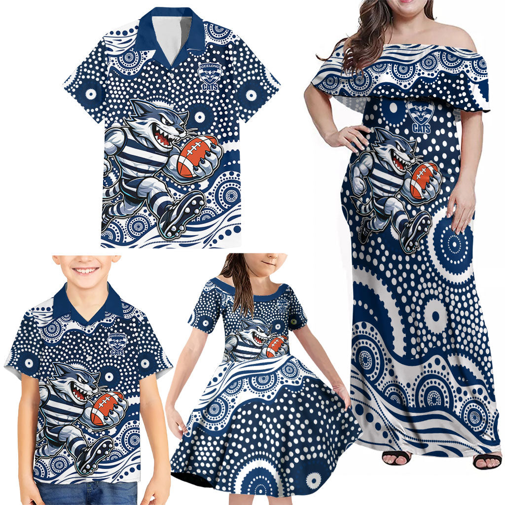 Geelong Cats Family Matching Off Shoulder Maxi Dress and Hawaiian Shirt Aboriginal Dot Pattern - Football Mascot Heritage Pride