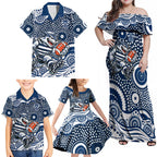 Geelong Cats Family Matching Off Shoulder Maxi Dress and Hawaiian Shirt Aboriginal Dot Pattern - Football Mascot Heritage Pride