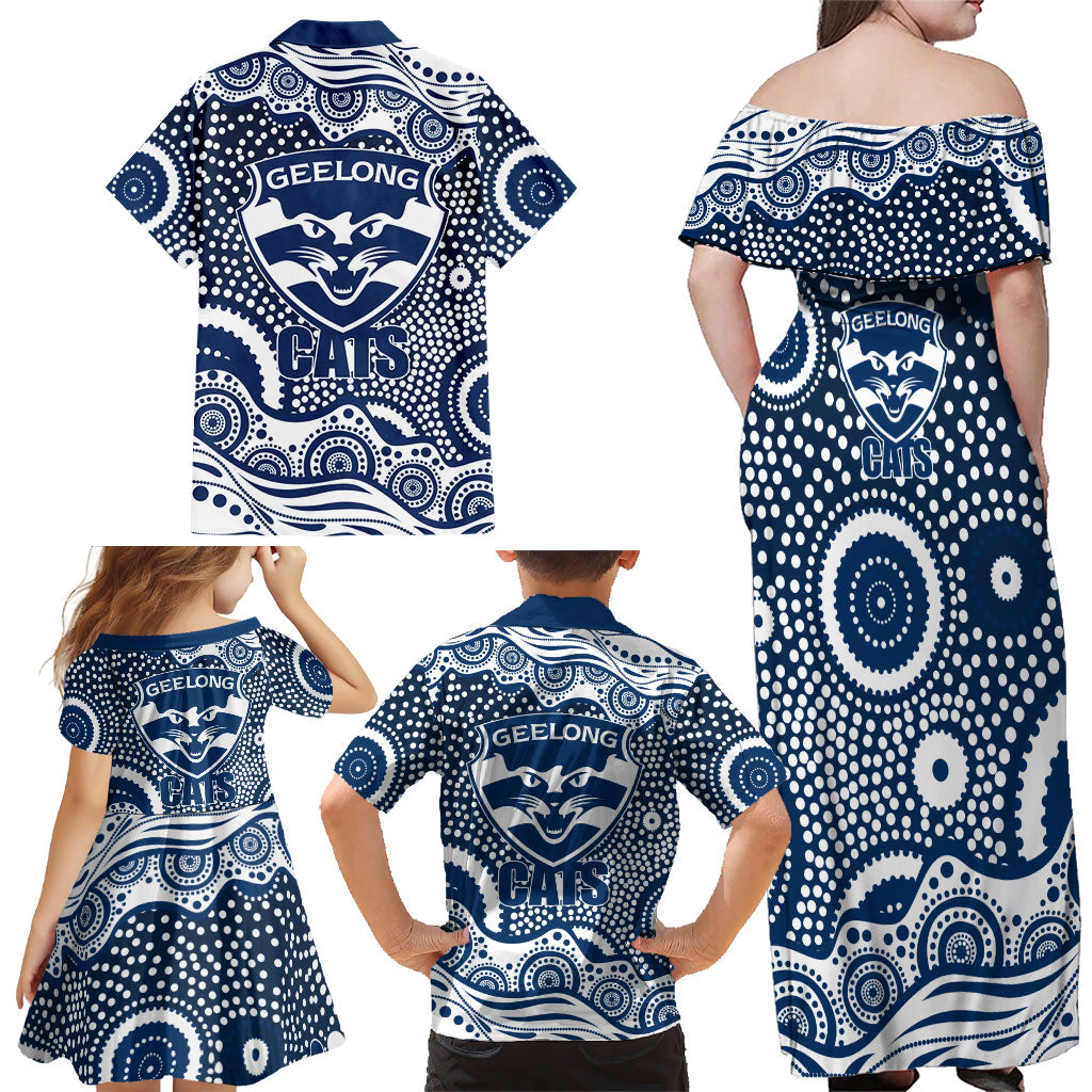Geelong Cats Family Matching Off Shoulder Maxi Dress and Hawaiian Shirt Aboriginal Dot Pattern - Football Mascot Heritage Pride