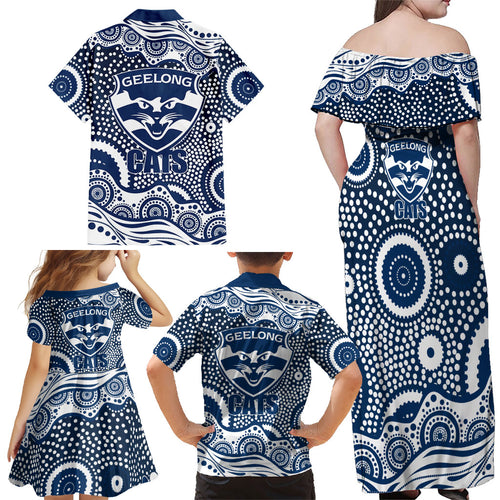 Geelong Cats Family Matching Off Shoulder Maxi Dress and Hawaiian Shirt Aboriginal Dot Pattern - Football Mascot Heritage Pride