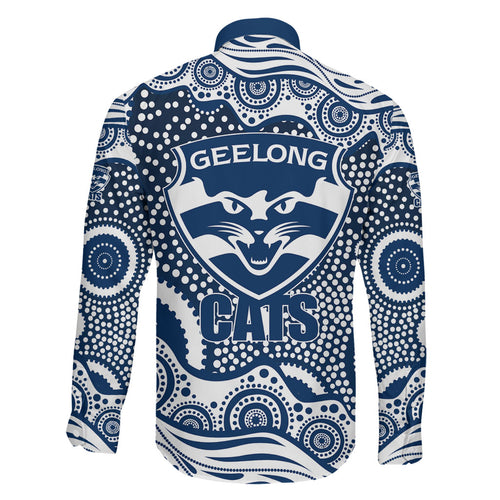 Geelong Cats Family Matching Off Shoulder Maxi Dress and Hawaiian Shirt Aboriginal Dot Pattern - Football Mascot Heritage Pride