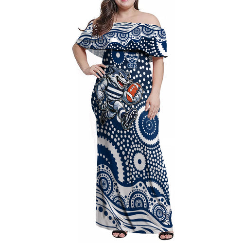 Geelong Cats Family Matching Off Shoulder Maxi Dress and Hawaiian Shirt Aboriginal Dot Pattern - Football Mascot Heritage Pride