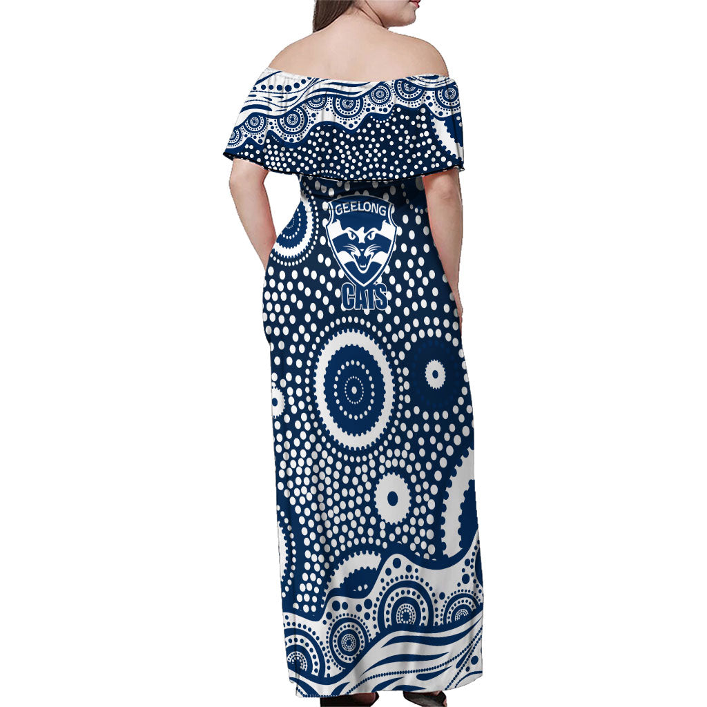 Geelong Cats Family Matching Off Shoulder Maxi Dress and Hawaiian Shirt Aboriginal Dot Pattern - Football Mascot Heritage Pride