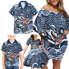 Geelong Cats Family Matching Off Shoulder Short Dress and Hawaiian Shirt Aboriginal Dot Pattern - Football Mascot Heritage Pride