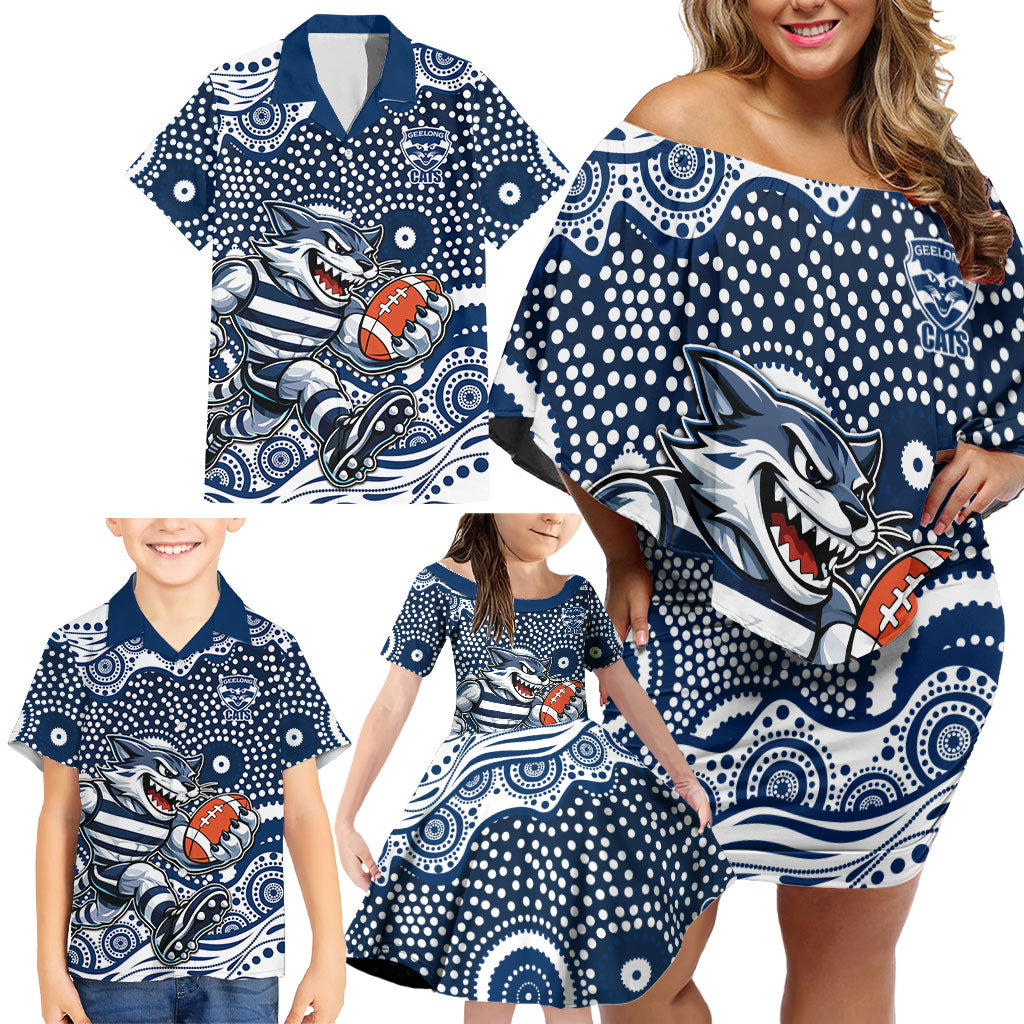 Geelong Cats Family Matching Off Shoulder Short Dress and Hawaiian Shirt Aboriginal Dot Pattern - Football Mascot Heritage Pride