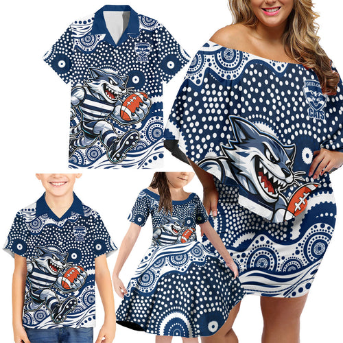 Geelong Cats Family Matching Off Shoulder Short Dress and Hawaiian Shirt Aboriginal Dot Pattern - Football Mascot Heritage Pride