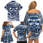 Geelong Cats Family Matching Off Shoulder Short Dress and Hawaiian Shirt Aboriginal Dot Pattern - Football Mascot Heritage Pride