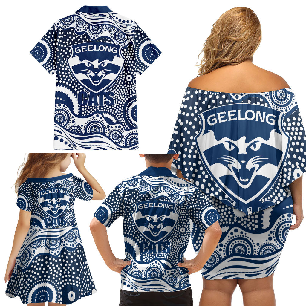 Geelong Cats Family Matching Off Shoulder Short Dress and Hawaiian Shirt Aboriginal Dot Pattern - Football Mascot Heritage Pride