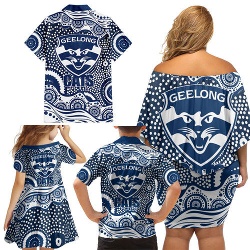 Geelong Cats Family Matching Off Shoulder Short Dress and Hawaiian Shirt Aboriginal Dot Pattern - Football Mascot Heritage Pride